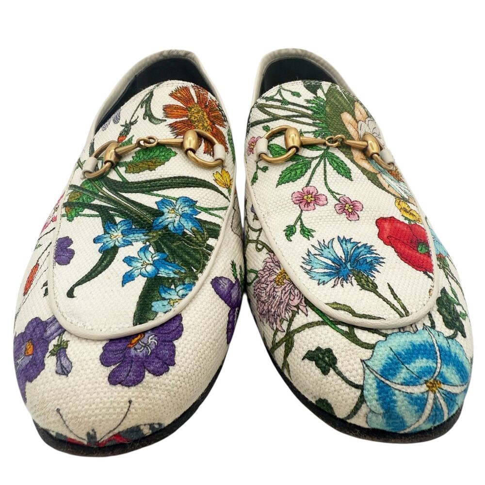 Gucci Jordaan Horsebit Loafer Cream White Floral Canvas Size 37 US 7 Flat Shoe - Picture 2 of 15